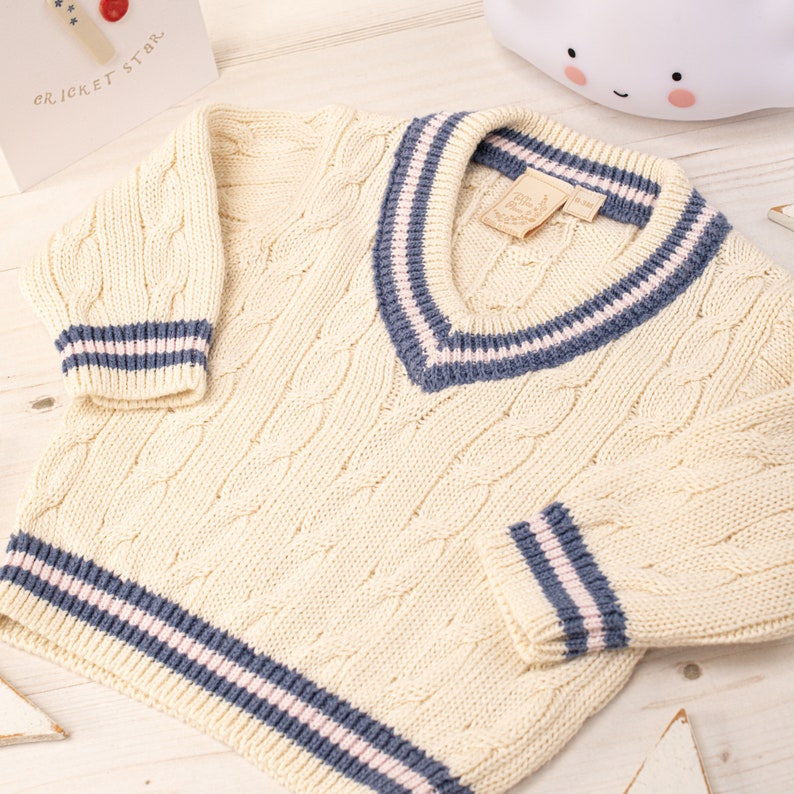 Personalised Cream Baby Cricket Jumper with Pink and Blue Stripes No thanks