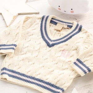 Personalised Cream Baby Cricket Jumper with Pink and Blue Stripes