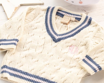 Personalised Cream Baby Cricket Jumper with Pink and Blue Stripes