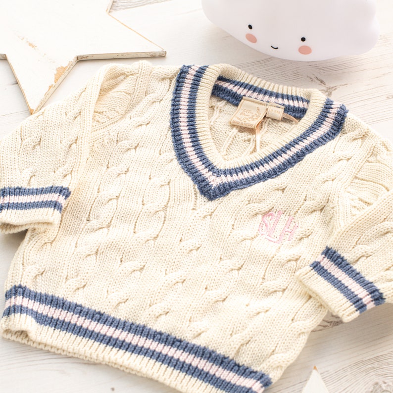 Personalised Cream Baby Cricket Jumper with Pink and Blue Stripes image 1