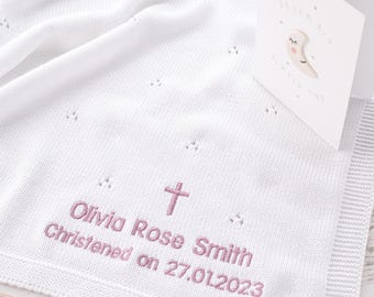Personalized Baby Blanket: White Cotton Knit Christening Gift