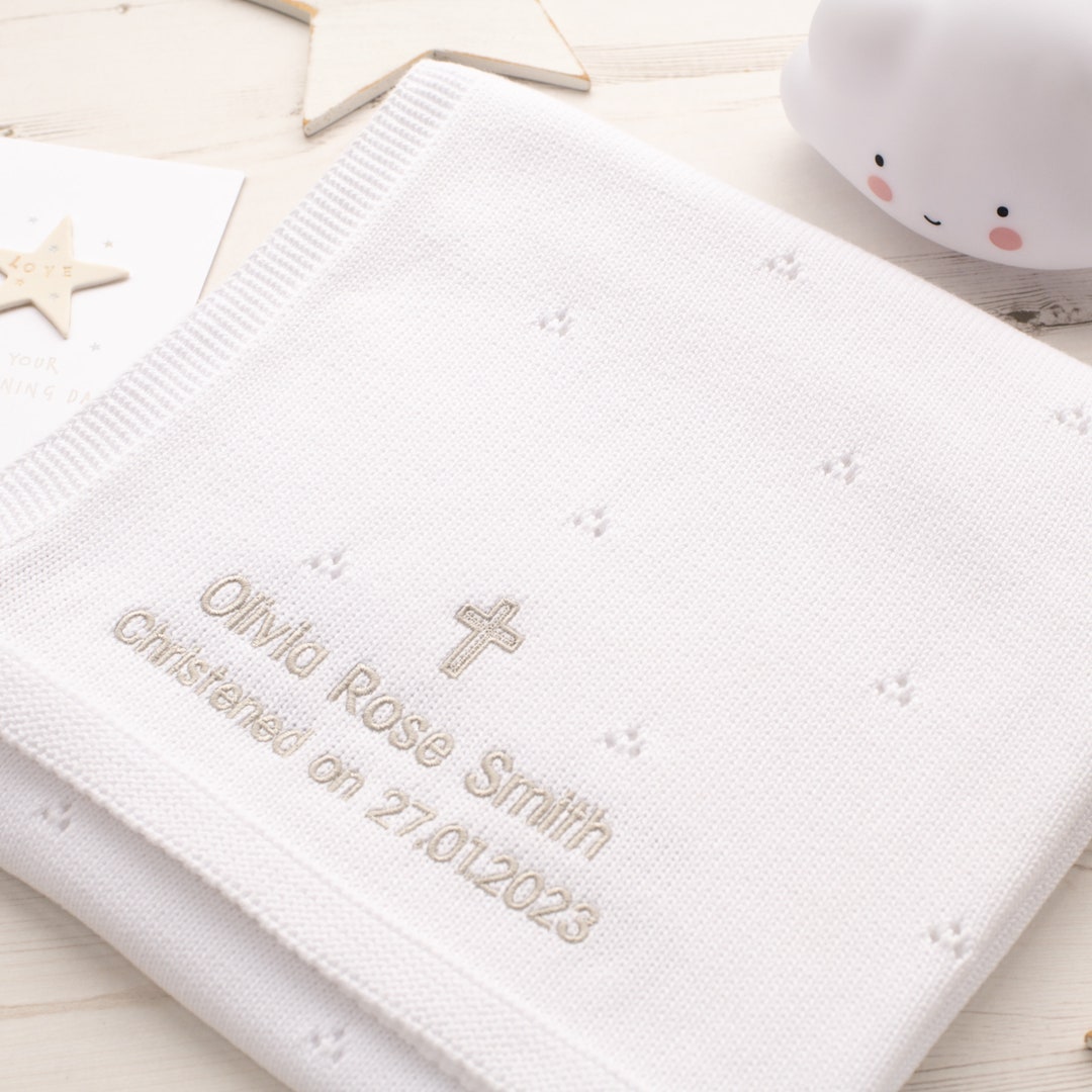 Toffee Moon White Pointelle Personalised Baby Blanket for Christening, Baptism, Personalisation
