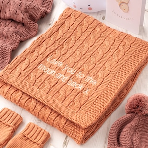 Toffee Moon Toast Luxury Cotton Cable Baby Blanket, Personalised Baby Blanket With Embroidered Name and Date