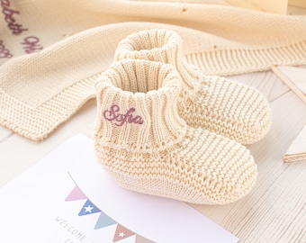Toffee Moon Luxury Cotton Knitted Personalised Baby Booties, With Embroidered Name or Initials in a script font for boys and girls