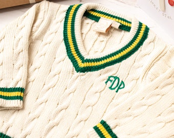 Personalised Cream Baby Cricket Jumper with Green and Yellow Stripes