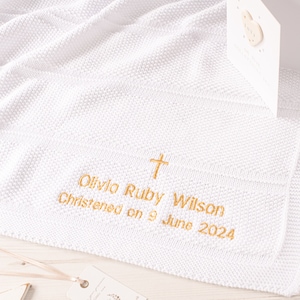 White Knitted Baby Blanket: Personalized Christening Gift