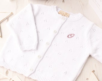 Toffee Moon Baby  White Pointelle Cardigan for Christening,Baptism, Baby Shower, Personalised with embroidered initials in script font