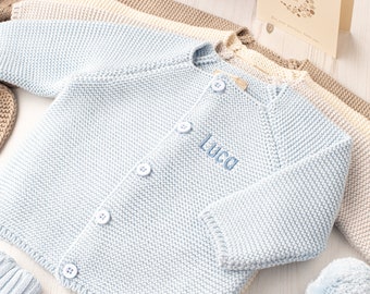 Toffee Moon Pale Blue Personalised Baby Boys Bubble Cardigan with Embroidered Initials or Name