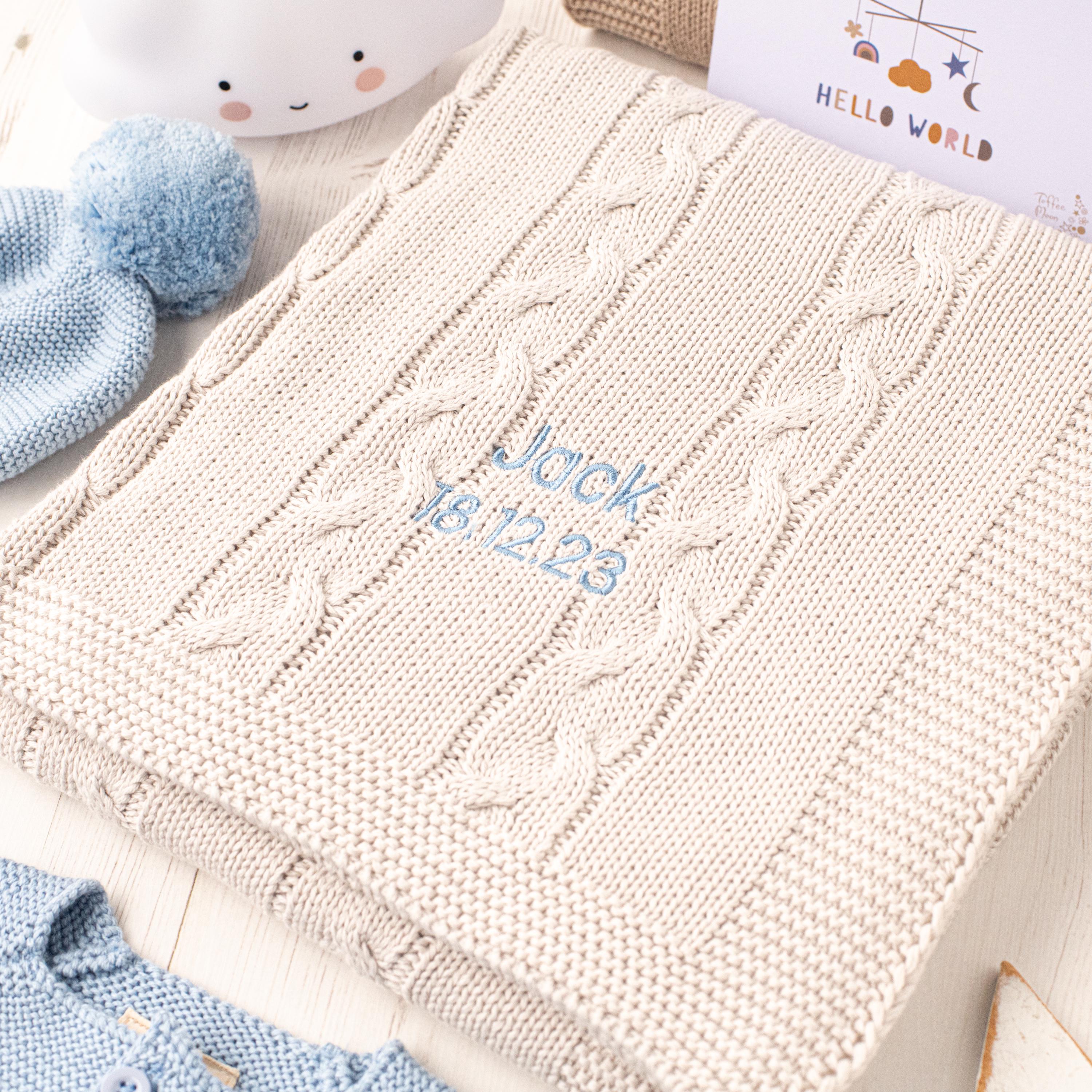Grey Chunky Cable Knit Baby Blanket: Embroidered Name, 100% Cotton