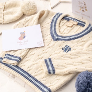 Personalised Cream Baby Cricket Jumper with Dark Blue and Pale Blue Stripes image 9