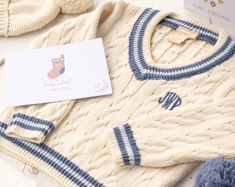 Personalised Cream Baby Cricket Jumper with Dark Blue and Pale Blue Stripes