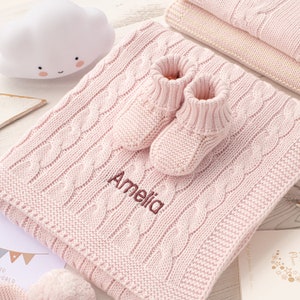 Pale Petal Pink Luxury Cable Knitted Baby Blanket with embroidered name, date of birth or special message, perfect New Baby Girl gift Nutmeg