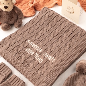 Toffee Moon Nut Brown Luxury Cotton Cable Baby Blanket, Personalised Baby Blanket With Embroidered Name and Date