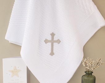 Luxury White Cotton Knit Heirloom Christening Blanket with Embroidered Cross