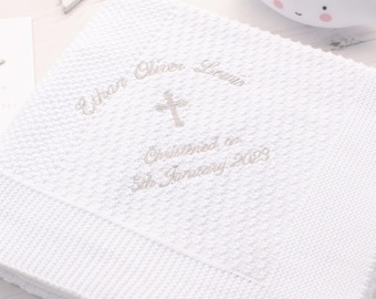 Personalised Pattern Stripe Christening Blanket with Gothic Cross Corner Embroidery, White Cotton Baby Keepsake