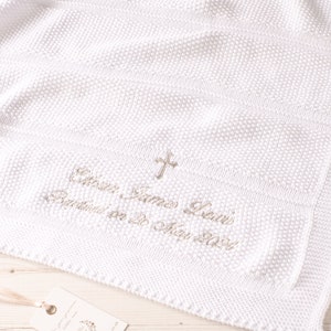 Toffee Moon White Moss Stripe Baby Blanket for Christening and Baptism, Personalisation option with Gothic Cross, Name and Date