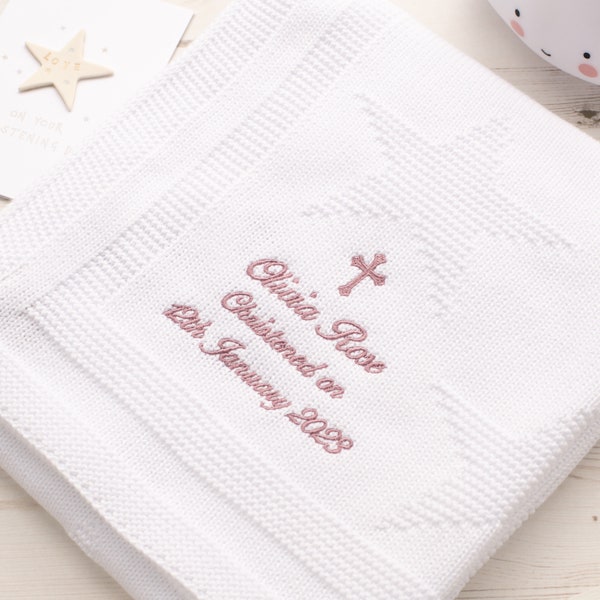 Toffee Moon White Star Baby Blanket for Christening or Baptism, Optional Personalisation in Script Font with Gothic Cross, Name and Date