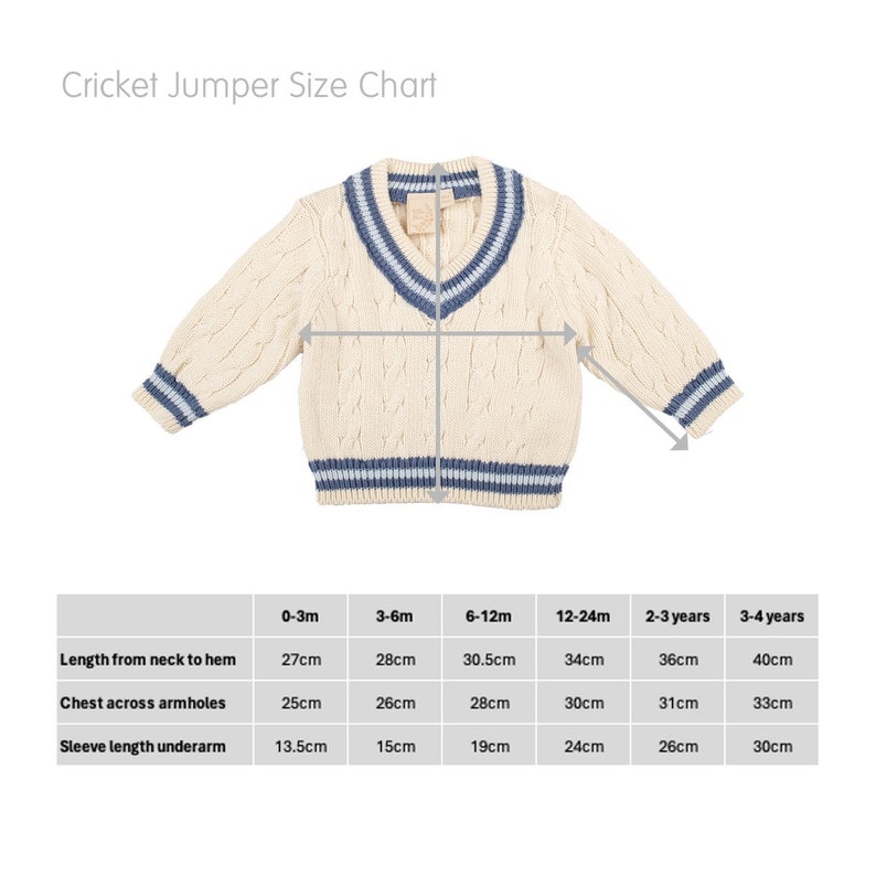 Personalisierter cremefarbener Baby-Cricket-Pullover mit dunkelblauen und hellblauen Streifen Bild 6