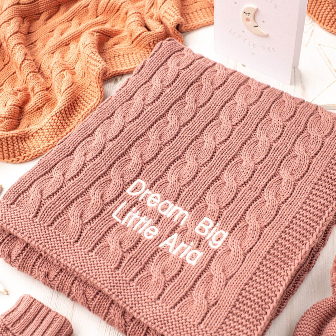Toffee Moon Nutmeg Luxury Cotton Cable Baby Blanket, Personalised Baby Blanket With Embroidered