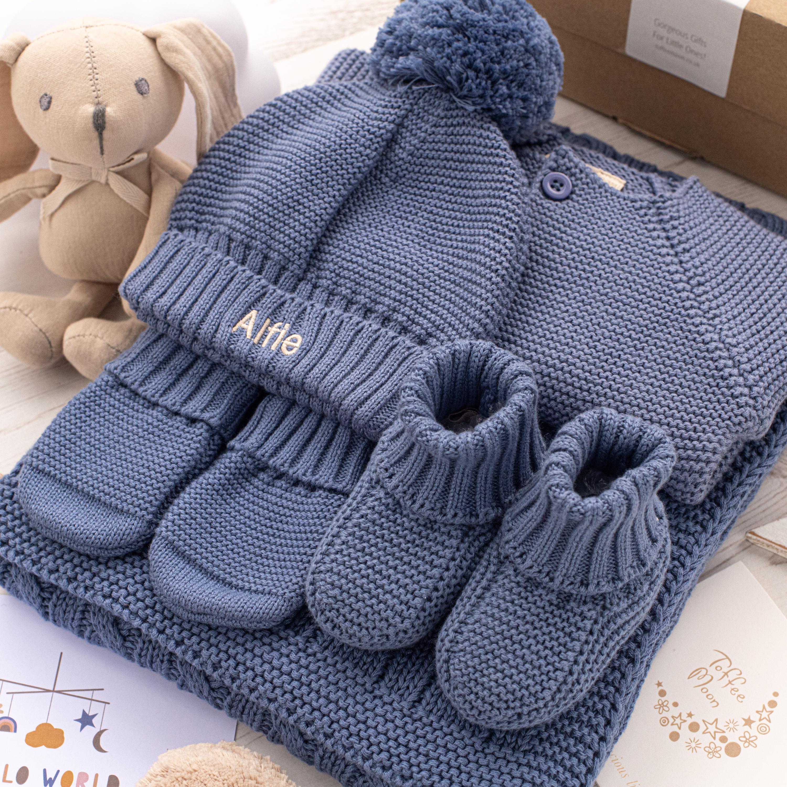Personalised Storm Blue Knit Baby Gift Set, Cotton Blanket, Cardigan, Booties, Hat, Mittens, Bunny