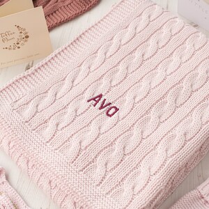 Pale Petal Pink Luxury Cable Knitted Baby Blanket with embroidered name, date of birth or special message, perfect New Baby Girl gift Dark Rose