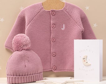 Personalised Baby Bubble Cardigan and Bobble Hat Gift Set