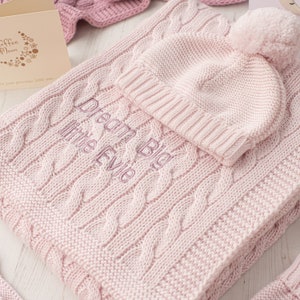 Pale Petal Pink Luxury Cable Knitted Baby Blanket with embroidered name, date of birth or special message, perfect New Baby Girl gift Dawn Pink
