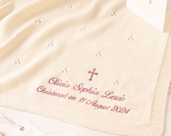 Personalized Christening Blanket: Cream Cotton Knit with Embroidered Cross