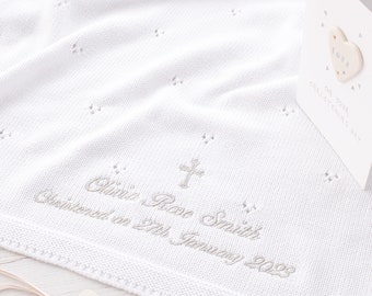 Toffee Moon White Pointelle Personalised Baby Blanket for Christening, Baptism,  with Gothic Cross, Name and Date in Script Font