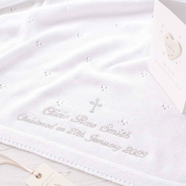 Toffee Moon White Pointelle Personalised Baby Blanket for Christening, Baptism,  with Gothic Cross, Name and Date in Script Font