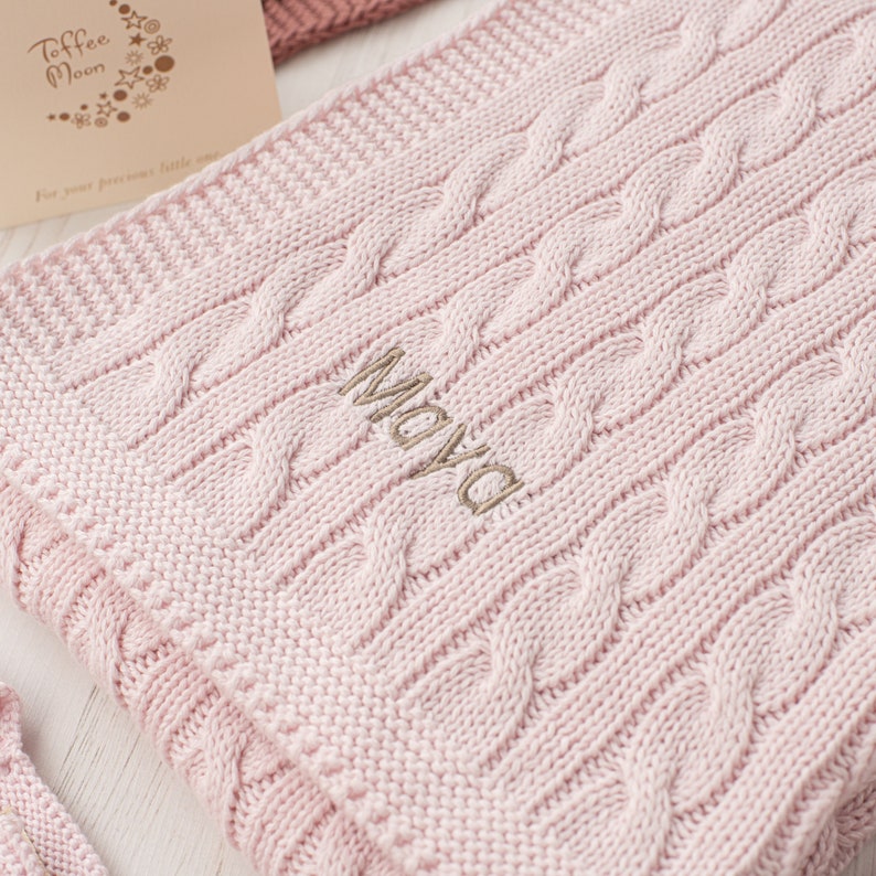 Pale Petal Pink Luxury Cable Knitted Baby Blanket with embroidered name, date of birth or special message, perfect New Baby Girl gift Fudge