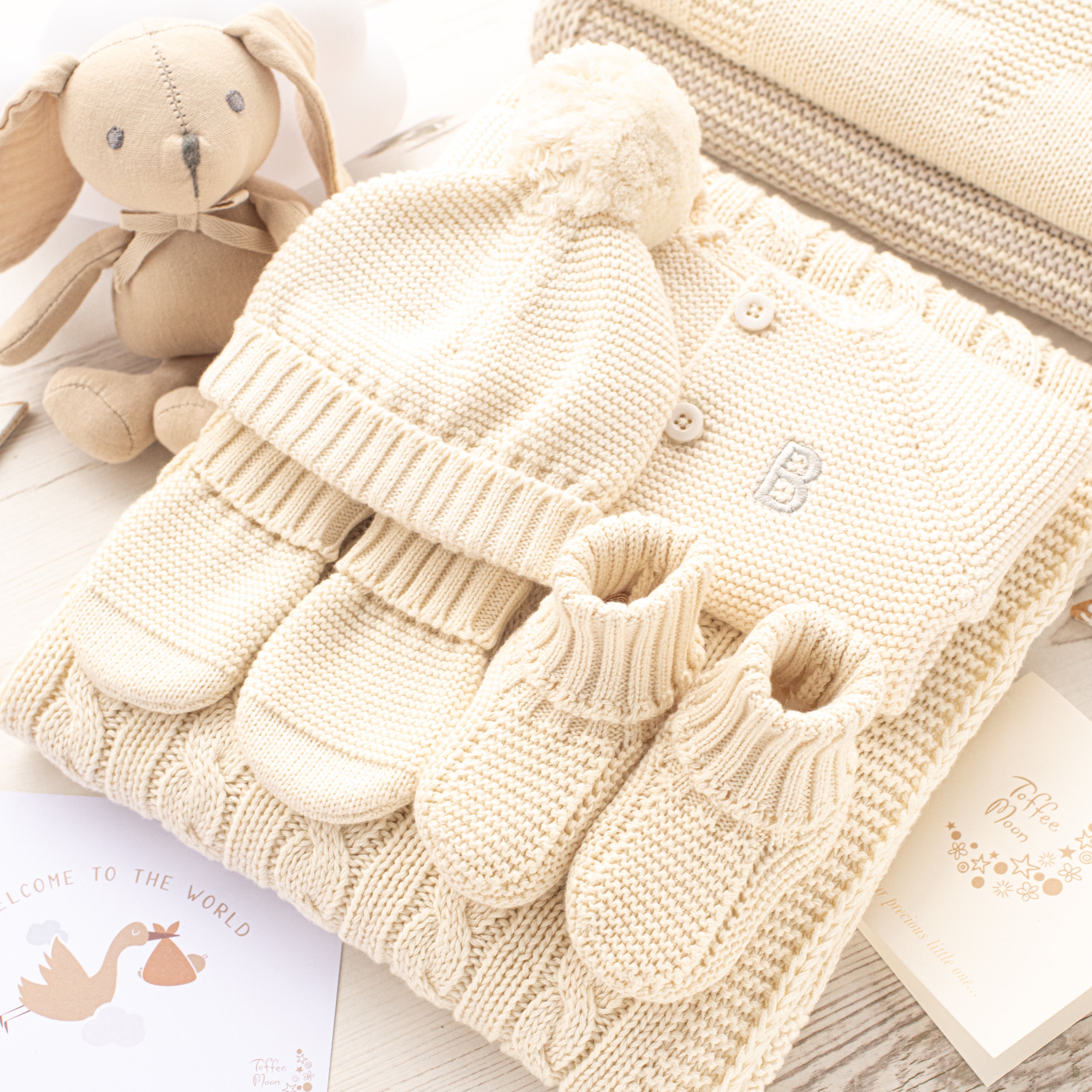 Personalized Toffee Moon Cream Knit Baby Gift Set, Blanket, Cardigan, Hat, Mittens, Booties