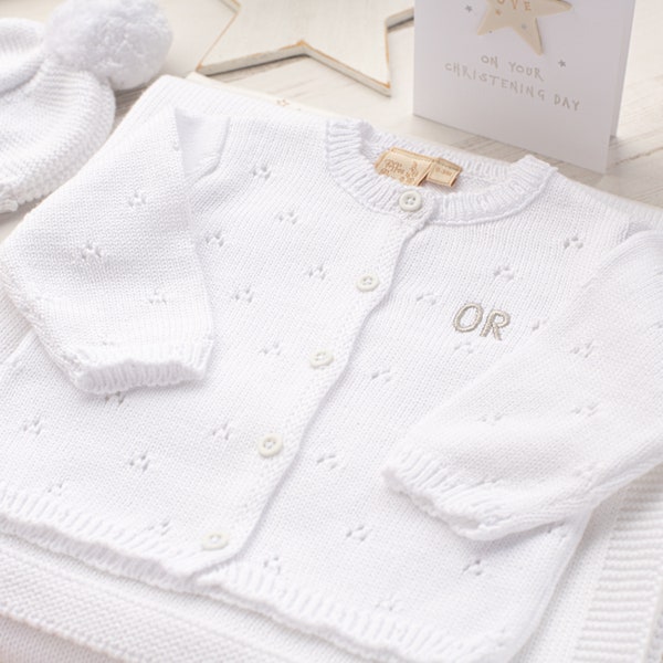 Toffee Moon Baby White Pointelle Cardigan for Christening, Baptism, Baby Shower, Personalised Cardigan with embroidered initials block font