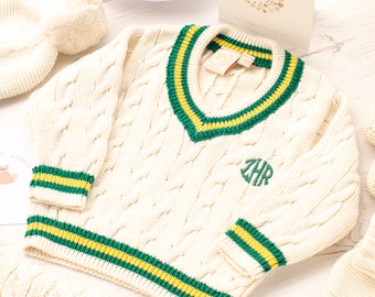 Personalised Cream Baby Cricket Jumper with Green and Yellow Stripes