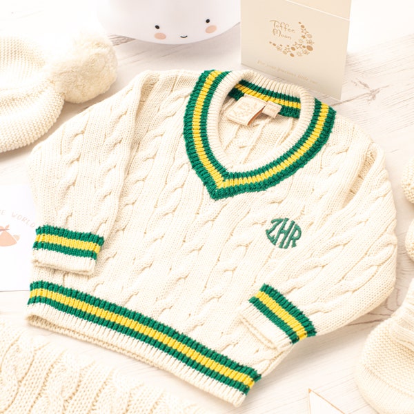 Personalised Cream Baby Cricket Jumper with Green and Yellow Stripes