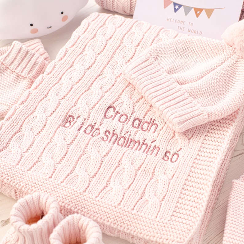 Pale Petal Pink Luxury Cable Knitted Baby Blanket with embroidered name, date of birth or special message, perfect New Baby Girl gift image 5