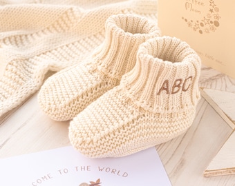 Toffee Moon Luxury Cotton Knitted Personalised Baby Booties, With Embroidered Name or Initials in a modern simple font for boys and girls