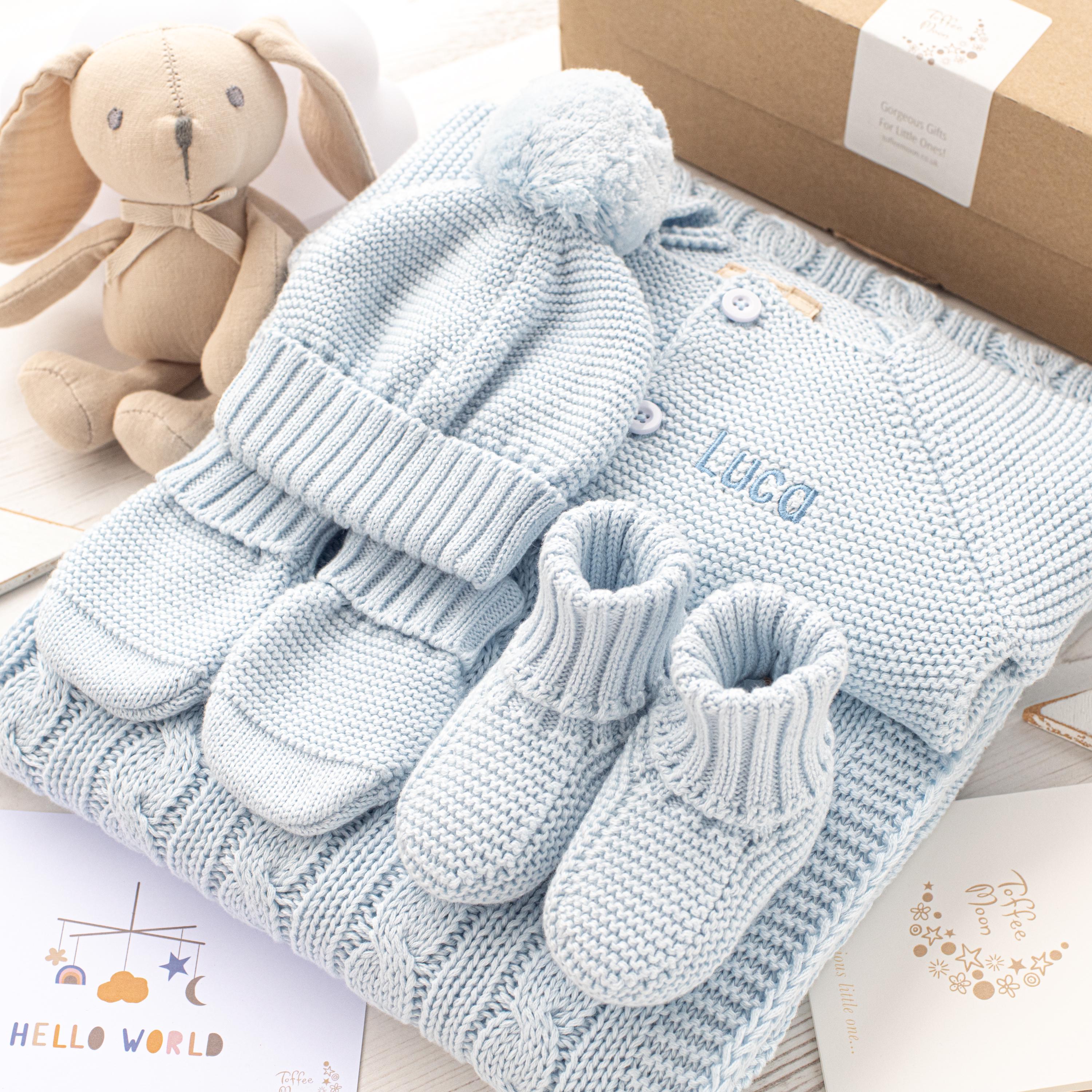 Personalised Pale Blue Knit Baby Gift Set, Cotton Blanket, Cardigan, Booties, Hat, Mittens, Bunny