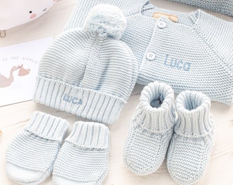 Toffee Moon Pale Blue Personalised Baby Cardigan and Bobble Hat with Embroidered Initials or Name, Mittens and Booties Gift Set