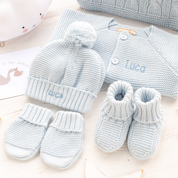 Toffee Moon Pale Blue Personalised Baby Cardigan and Bobble Hat with Embroidered Initials or Name, Mittens and Booties Gift Set