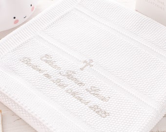 Toffee Moon White Moss Stripe Baby Blanket for Christening and Baptism, Personalisation option with Gothic Cross, Name and Date