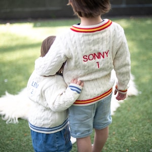 Baby and Child Personalised Cream Cotton Cricket Jumper with back embroidered name and number