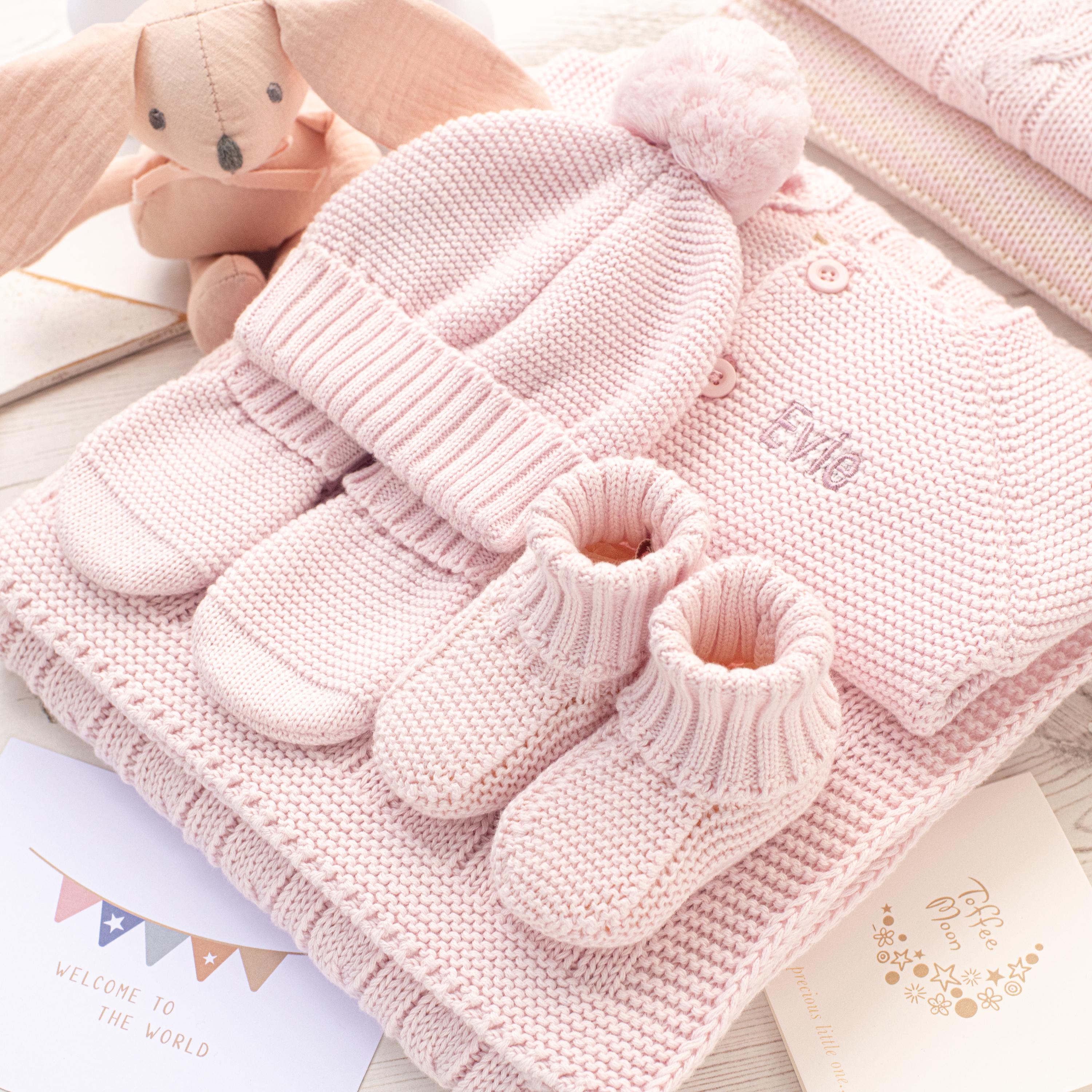 Personalised Pale Pink Knit Baby Gift Set, Cotton Blanket, Cardigan, Booties, Hat, Mittens, Bunny
