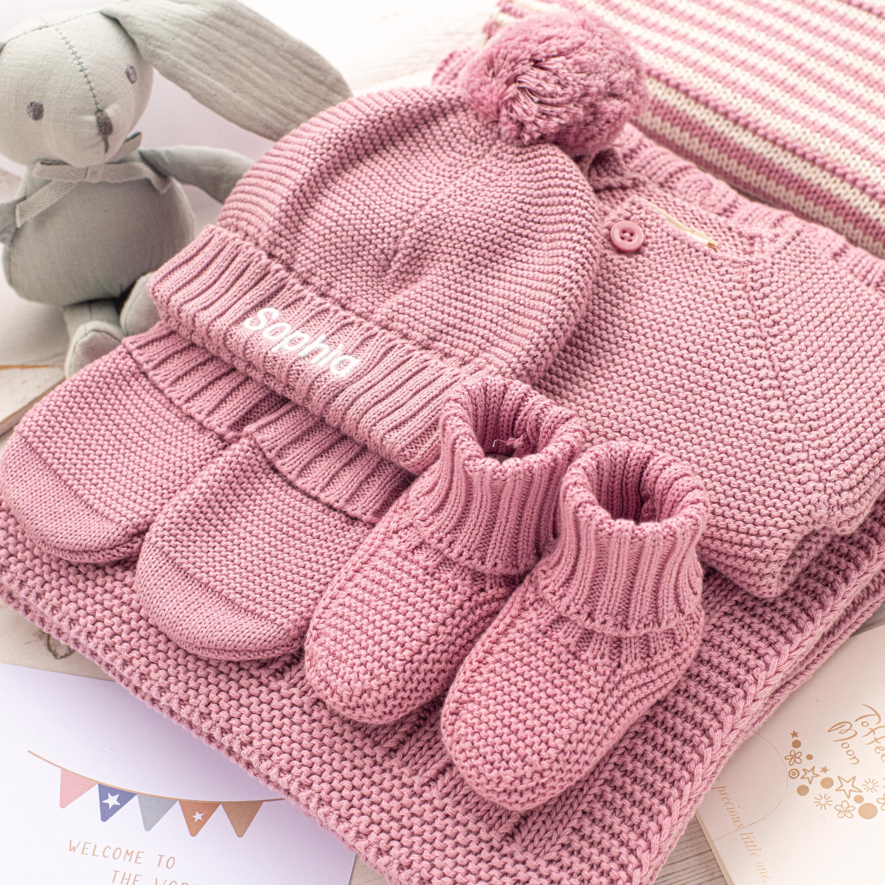 Personalised Dawn Pink Knit Baby Gift Set, Cotton Blanket, Cardigan, Booties, Hat, Mittens, Bunny