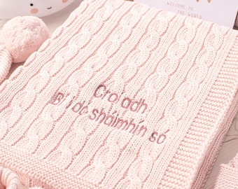 Pale Petal Pink Luxury Cable Knitted  Baby Blanket with embroidered name, date of birth or special message, perfect New Baby Girl gift