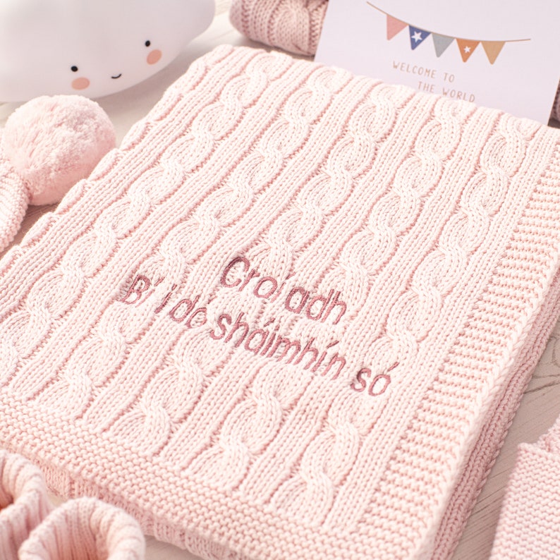 Pale Petal Pink Luxury Cable Knitted Baby Blanket with embroidered name, date of birth or special message, perfect New Baby Girl gift Mid Rose