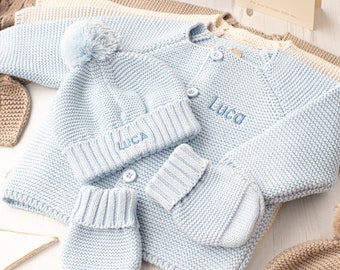 Toffee Moon Pale Blue Personalised Baby Cardigan and Bobble Hat with Embroidered Initials or Name, and Mittens Gift Set