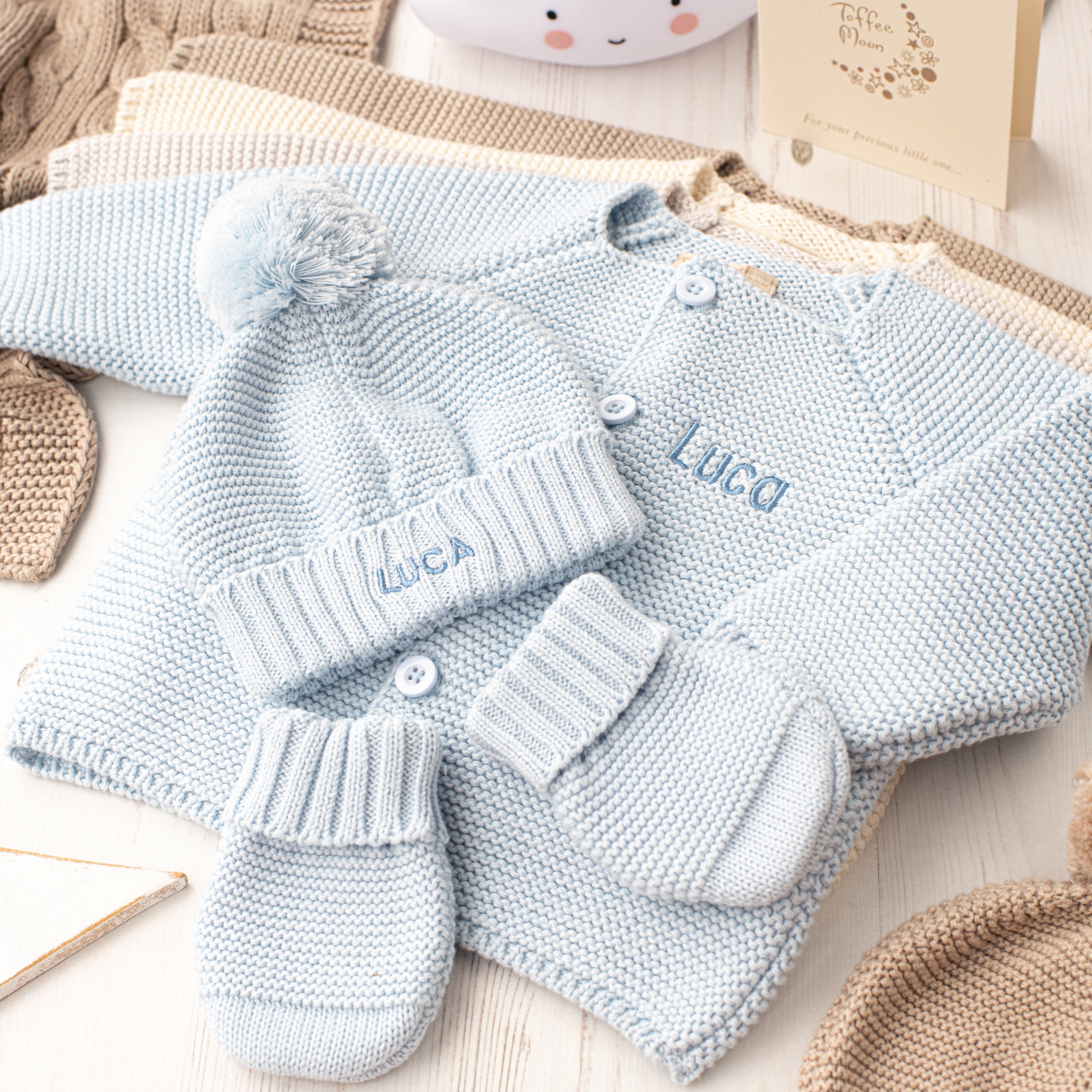 Personalised Baby Cardigan & Bobble Hat Set, Pale Blue Cotton Knit, Embroidered Name/Initials, Mittens