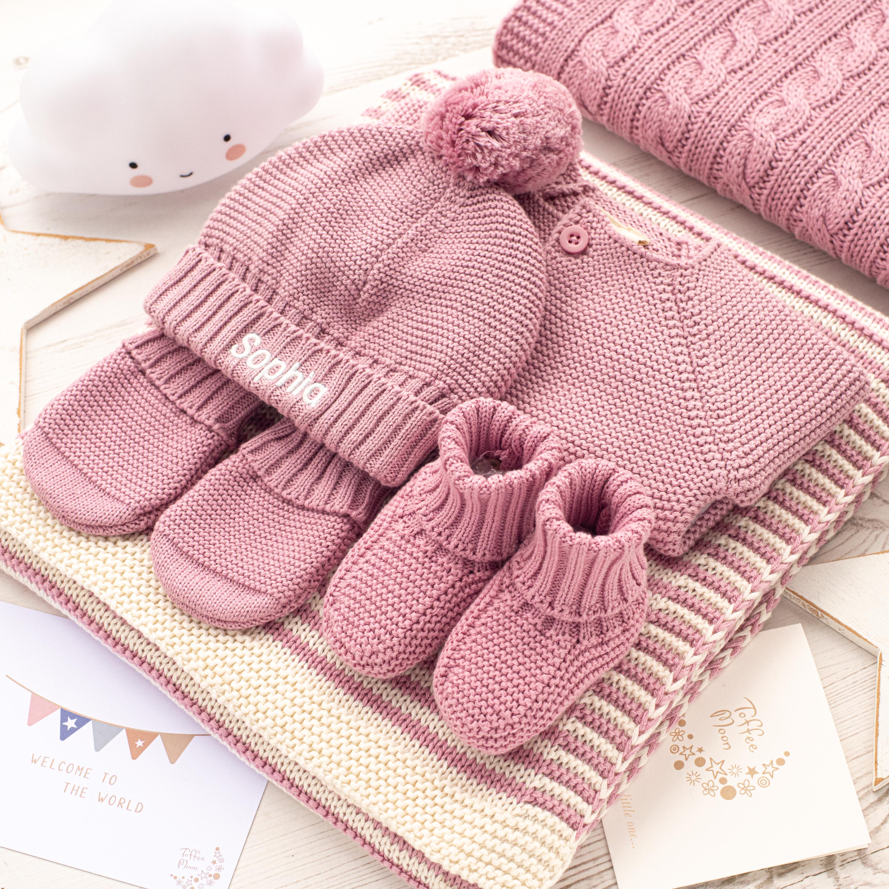 Personalized Knitted Baby Blanket Gift Set Cotton Cardigan, Hat, Booties & Bunny