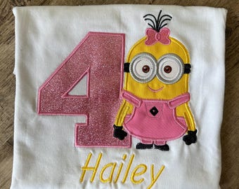 Minion Birthday girl Personalized with age and name Shirt, Embroidery